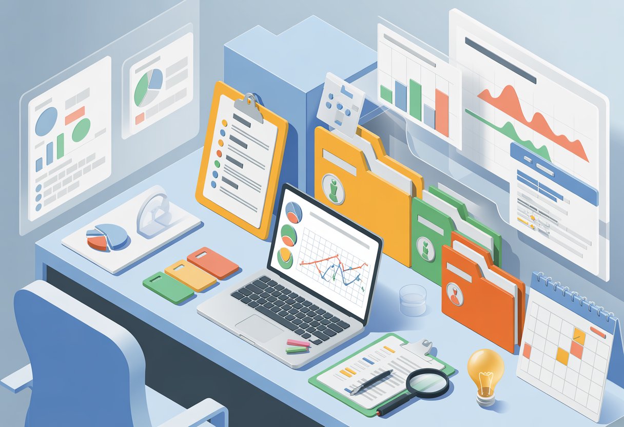 A workspace with a laptop, clipboard, folders, and floating data panels showing charts and checklists related to risk assessment.