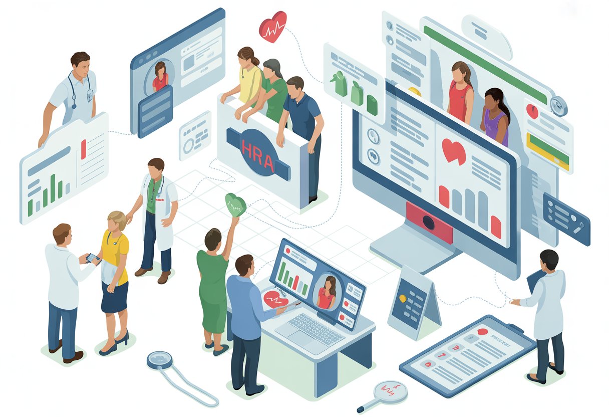A healthcare team collaborates around digital devices displaying health data while patients interact with providers in a clinic setting.