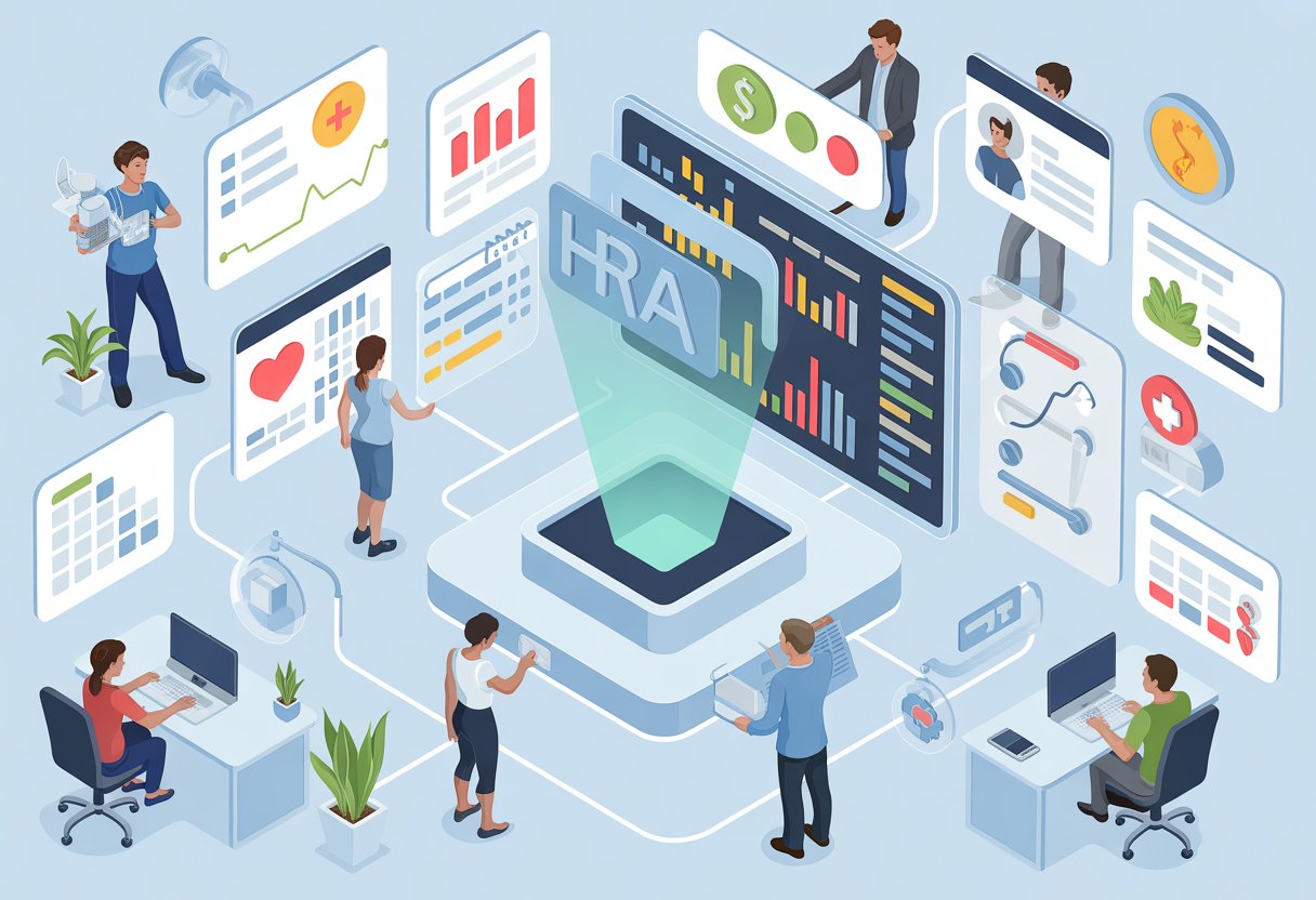 An office scene with diverse employees using digital devices connected to a central health benefits system, showing icons representing health and employer benefits.