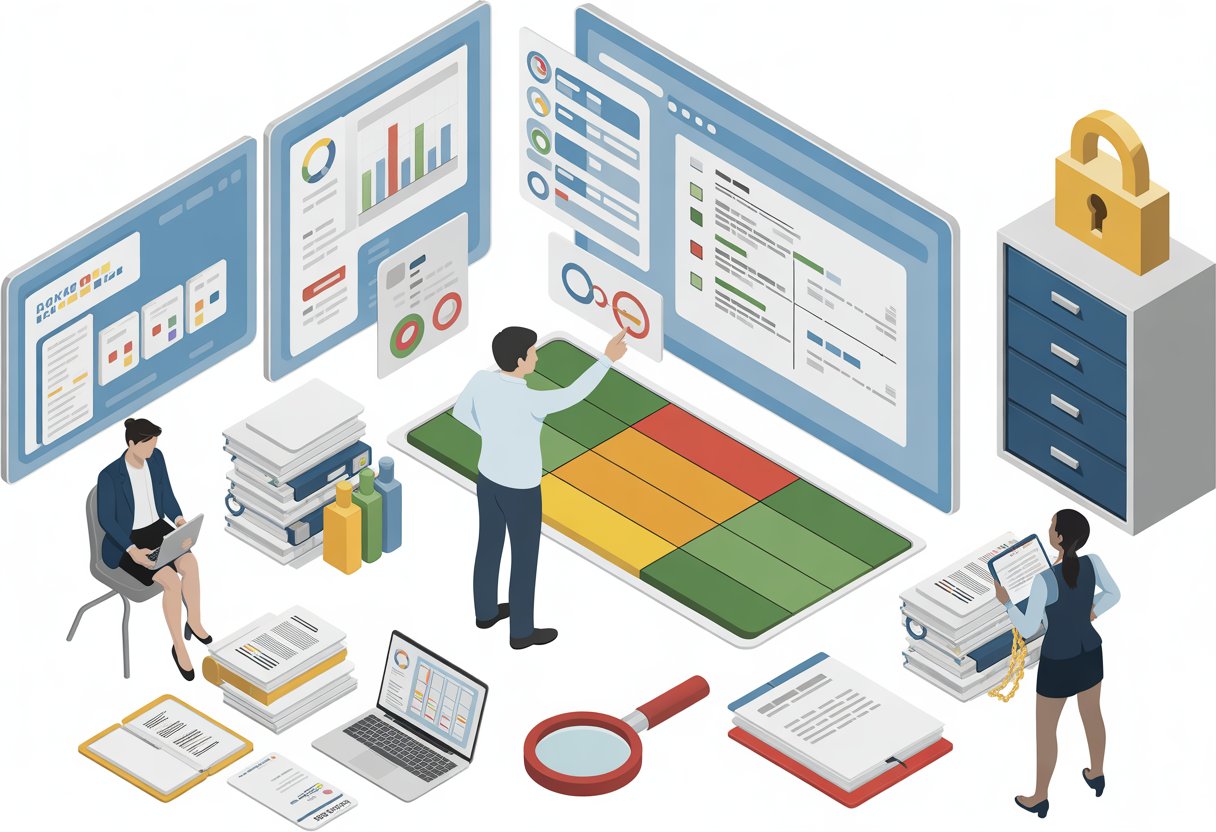 An office scene showing professionals reviewing digital charts and a color-coded risk matrix, surrounded by documents and compliance symbols.