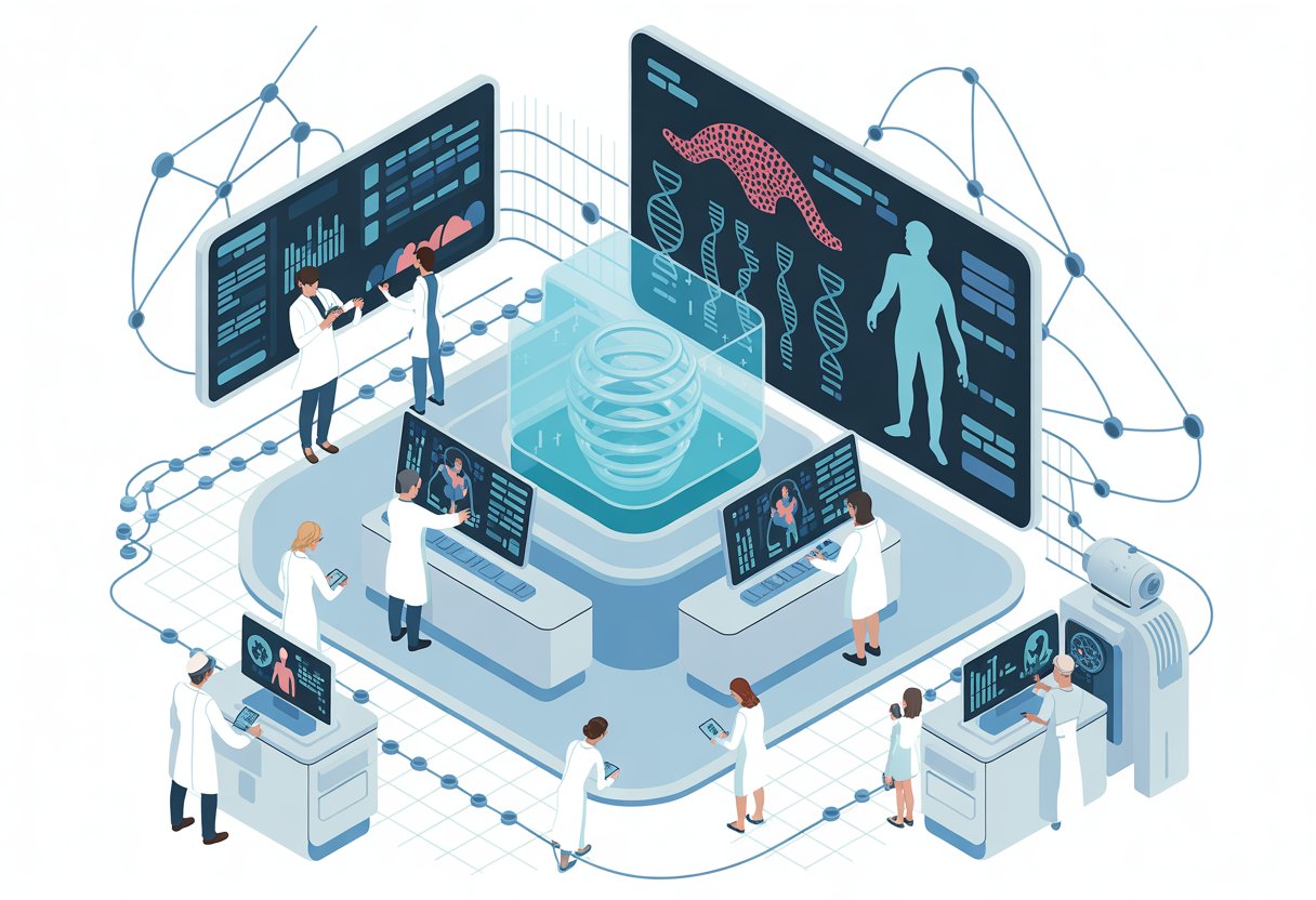 A futuristic medical lab with healthcare workers using holographic displays and AI devices to analyze health data and assess risks.