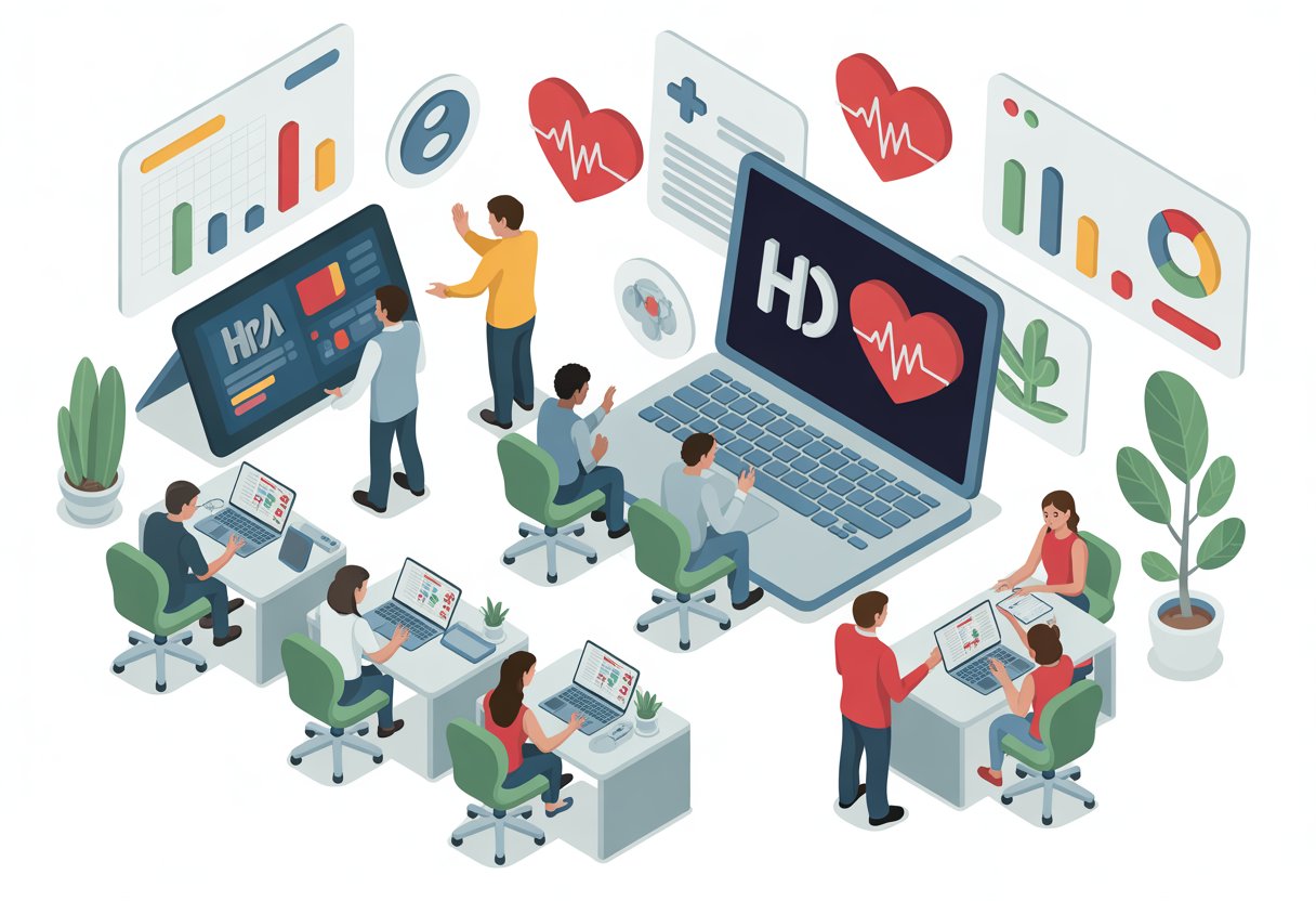 A vibrant office scene showing employees using digital devices with health-related icons and charts, representing employee support and smart health tools.