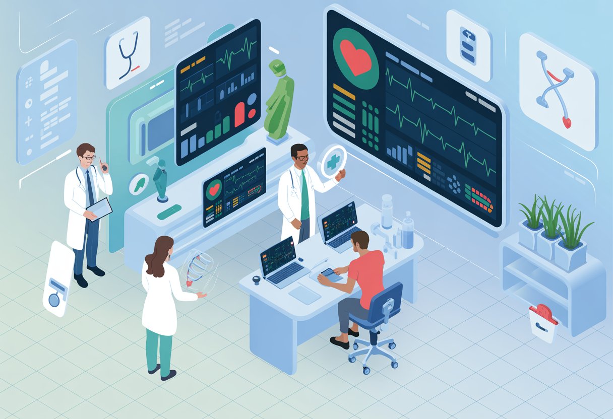A futuristic medical office where healthcare professionals use holographic screens to analyze patient health data and risk scores.