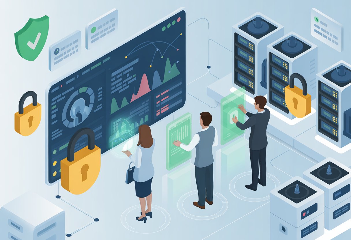 An office scene showing professionals analyzing health data on digital screens surrounded by secure servers and icons representing data security and compliance.