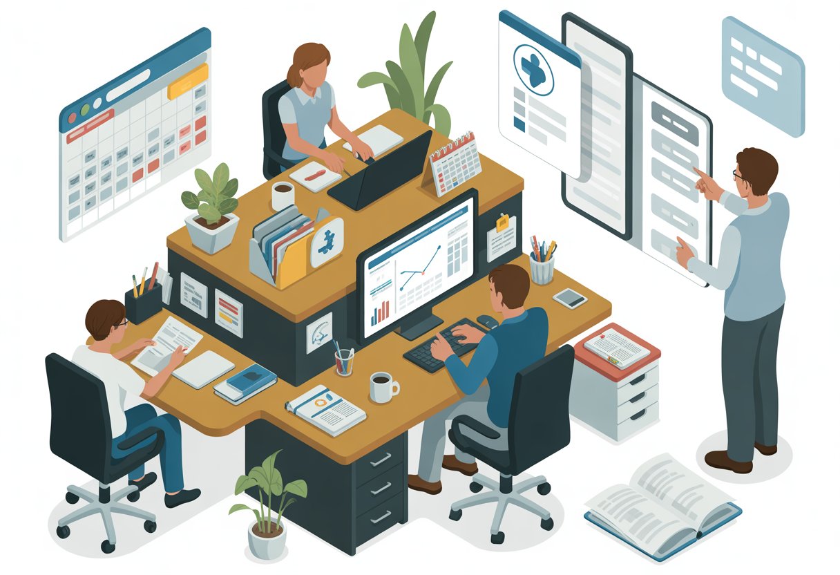 An office scene showing people working together at desks with computers, documents, and digital devices, focusing on managing health and finance tasks.
