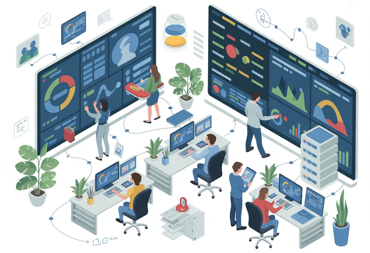A modern office scene showing professionals working together with digital devices and data displays focused on health and operational efficiency.