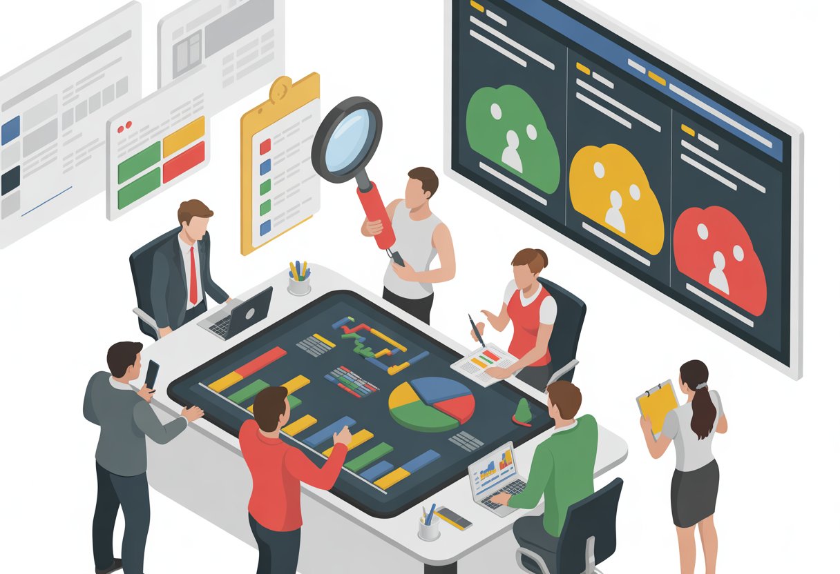 People working together around a digital table reviewing charts and data to manage risks and reduce errors in an office setting.