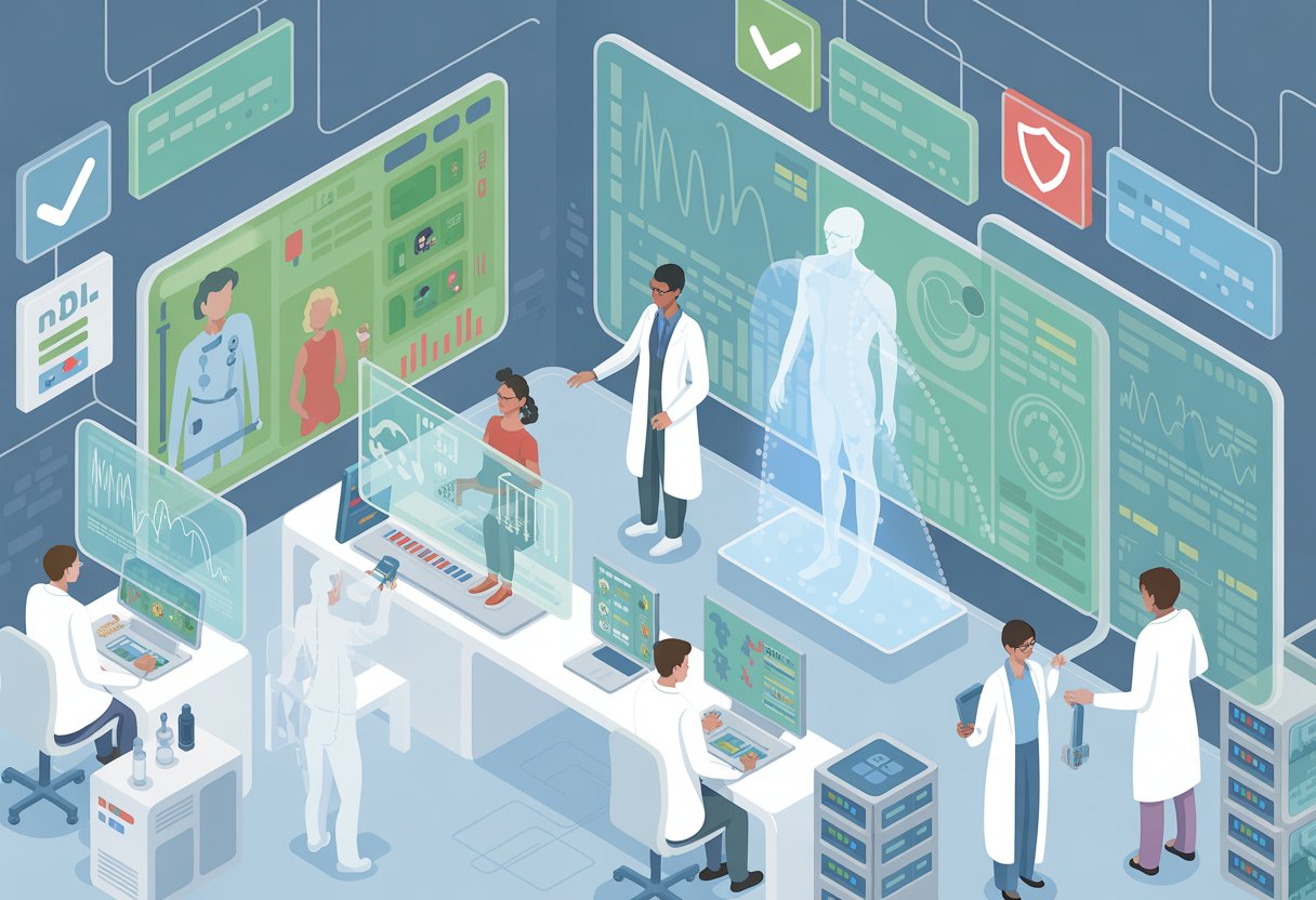 A futuristic health lab where professionals use digital screens and holograms to analyze patient risk data and ensure data quality.
