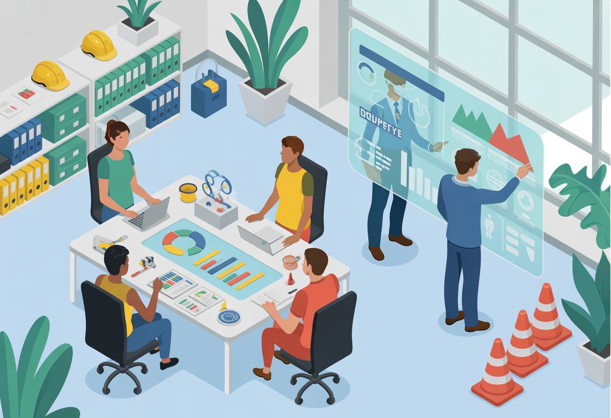 An office scene where professionals collaborate around a digital table displaying risk assessment data, with safety equipment and organized workspace in the background.