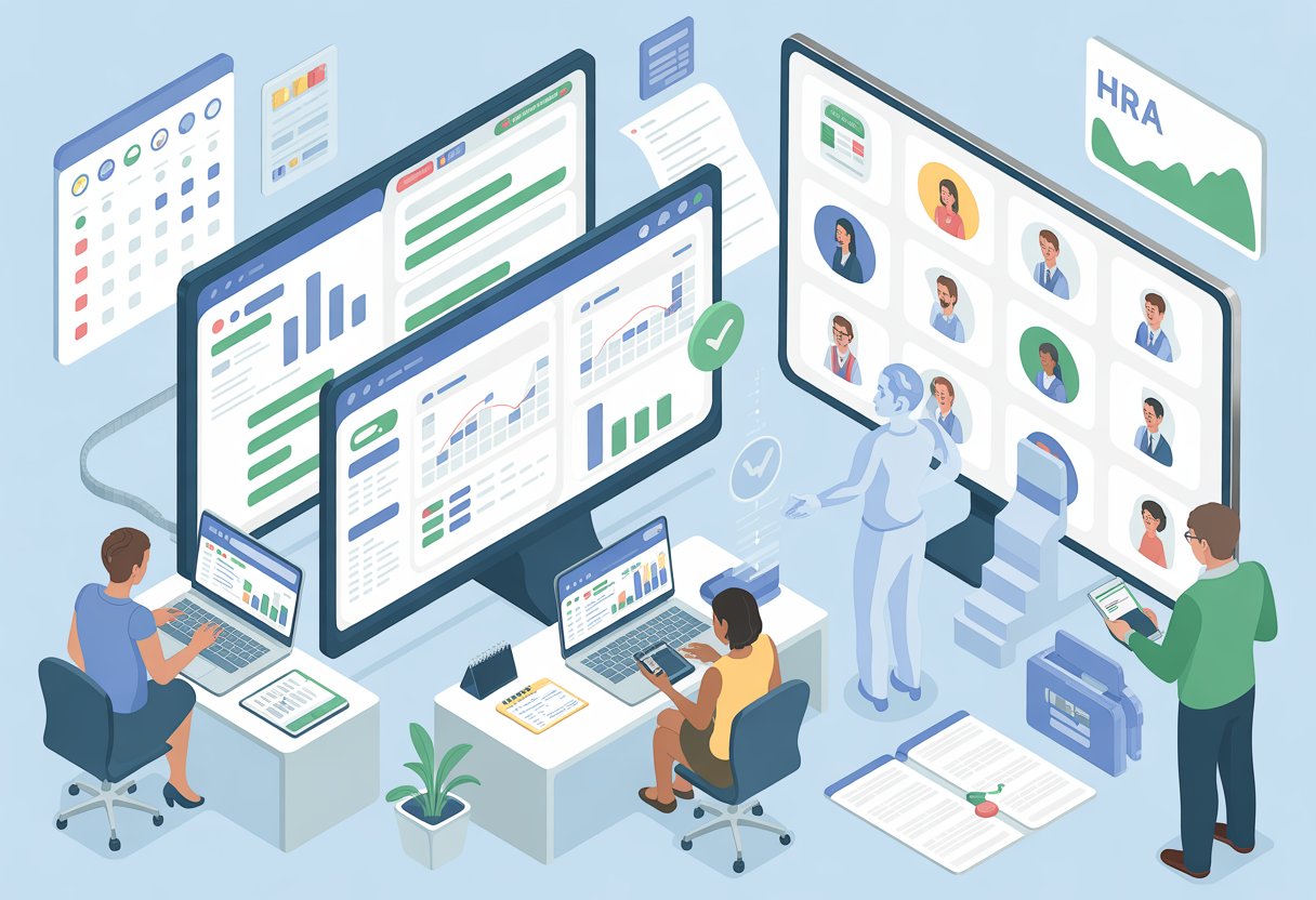 An office scene showing people using computers and digital devices with charts and dashboards related to managing employee health reimbursement tasks.