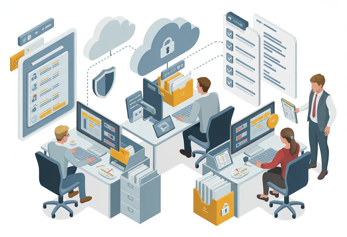 An office scene showing employees working at computers with digital files, secure storage icons, locked cabinets, and visual elements representing document security and organized workflows.