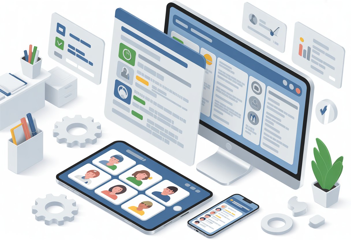 A digital workspace with a computer, tablet, and smartphone showing health and finance app interfaces, surrounded by icons representing tools and progress steps.