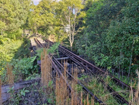 An old disused train track overgrown with weeds