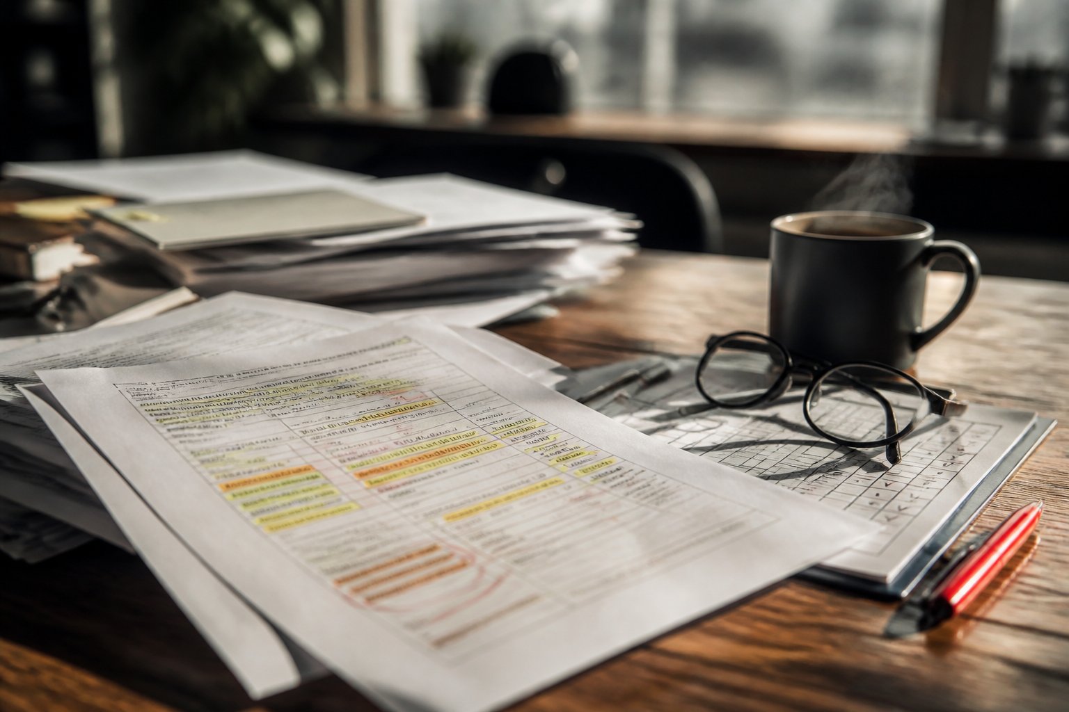 A close-up of a desk with scattered risk assessment papers, a red pen, eyeglasses, and a steaming coffee cup.