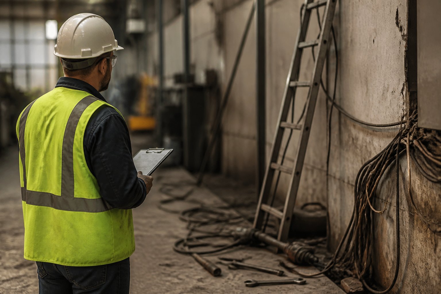 A safety inspector in a hard hat examines an industrial workspace with visible hazards like frayed wires and an unsecured ladder.