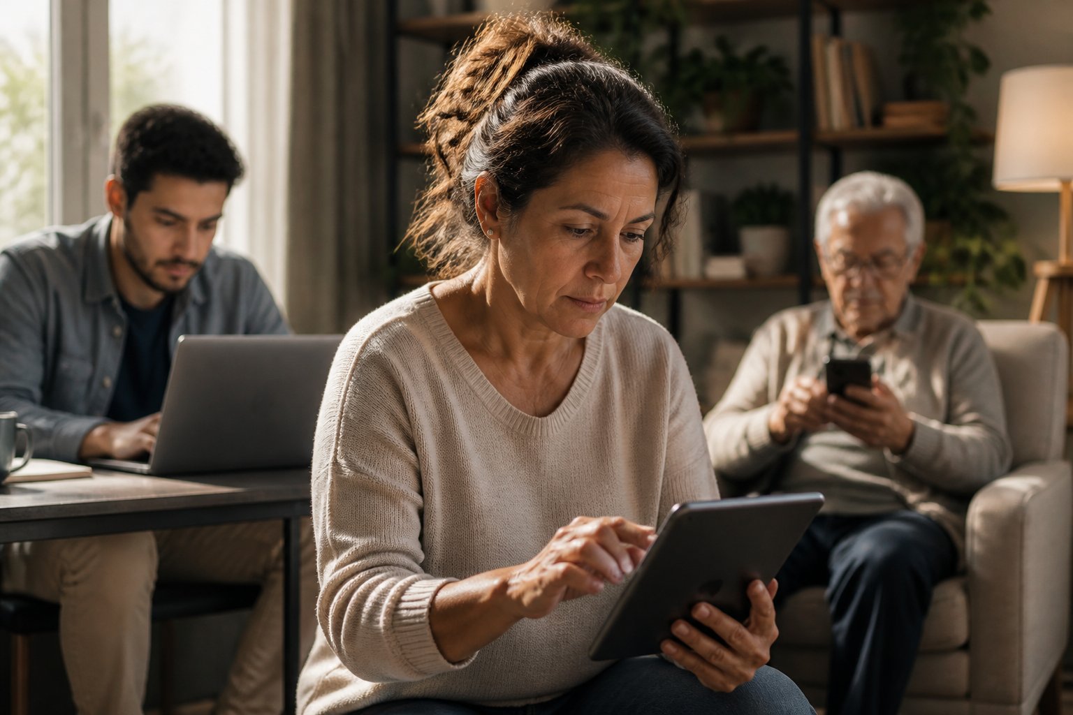 A diverse group of people using laptops, tablets, and smartphones in a bright, modern room while interacting with online health risk assessment tools.