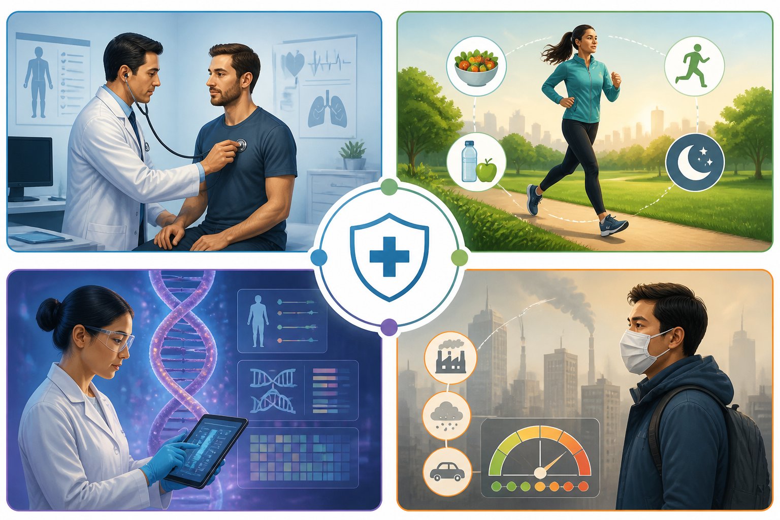 Four interconnected scenes showing different health risk assessments: a doctor examining a patient, a person jogging with health icons, a scientist analyzing DNA data, and a city with air quality indicators.