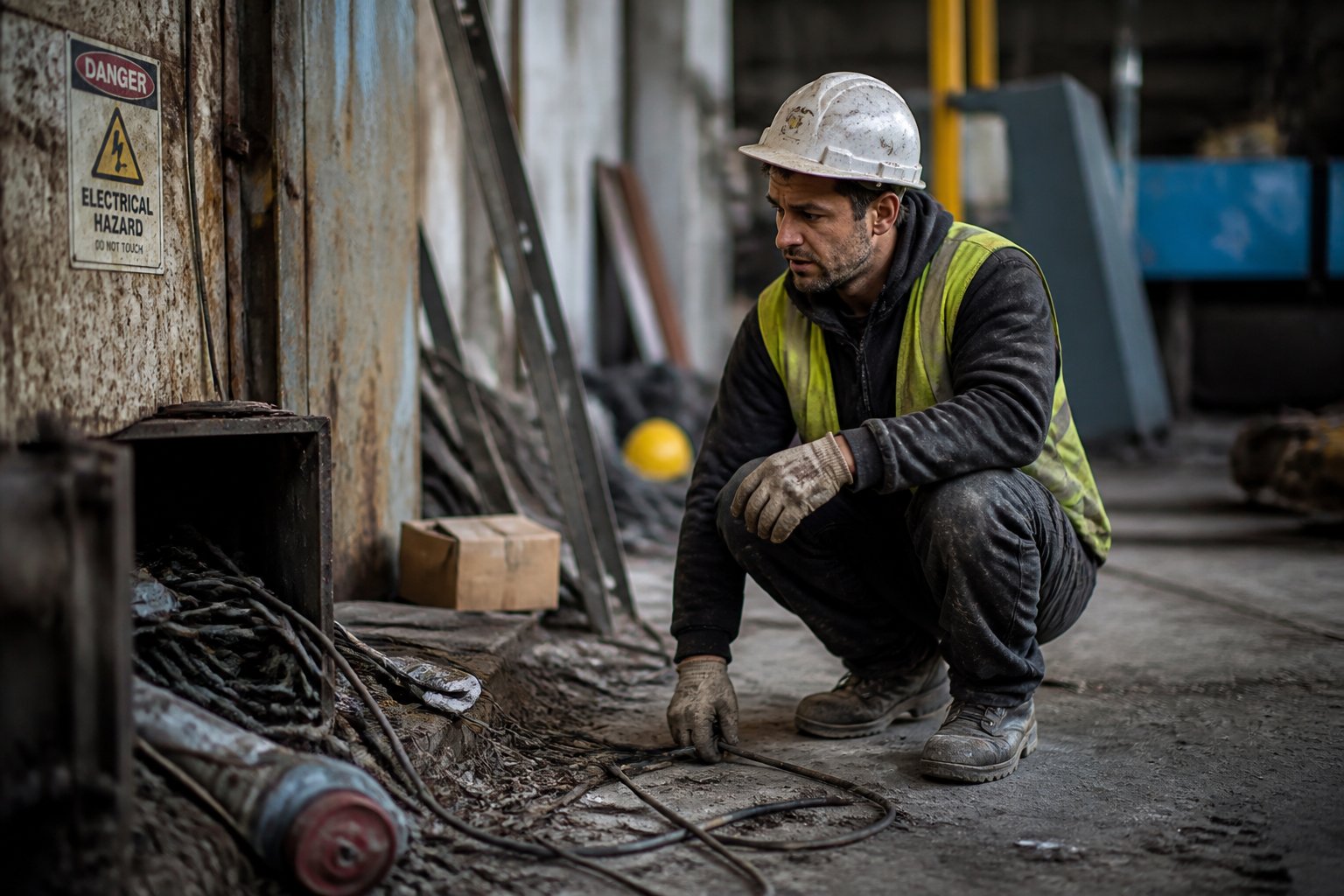 A worker at an industrial site with missing safety gear, surrounded by exposed wires and unsafe conditions.