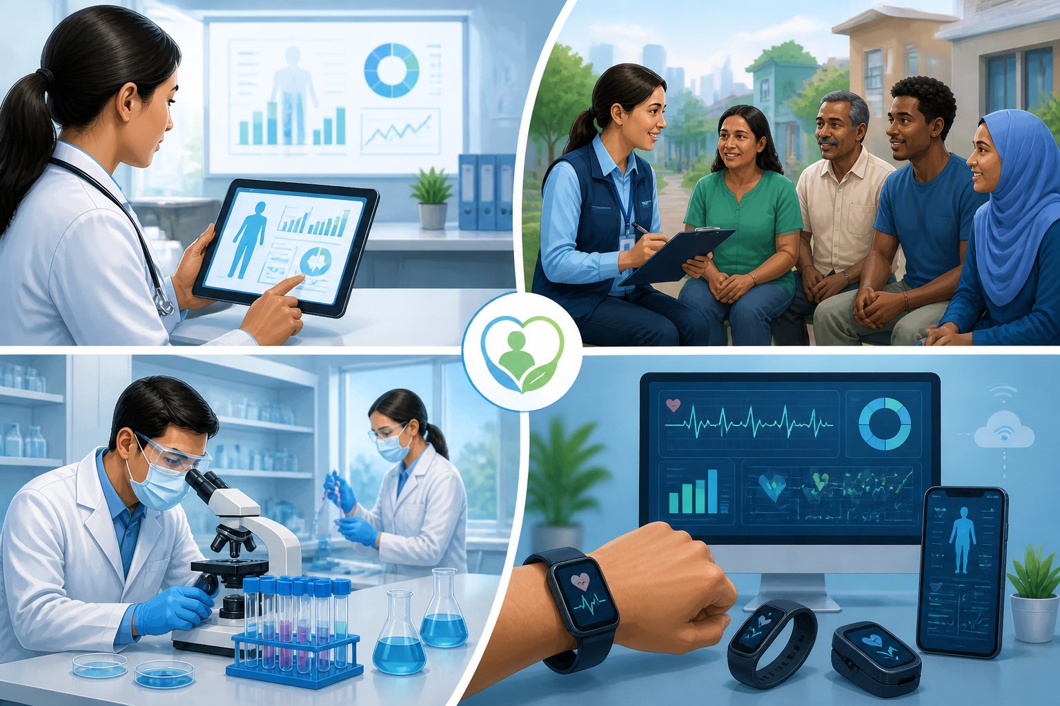 Four scenes showing different health risk assessments: a doctor reviewing patient data, a community worker surveying people, scientists analyzing lab samples, and digital devices monitoring health metrics.