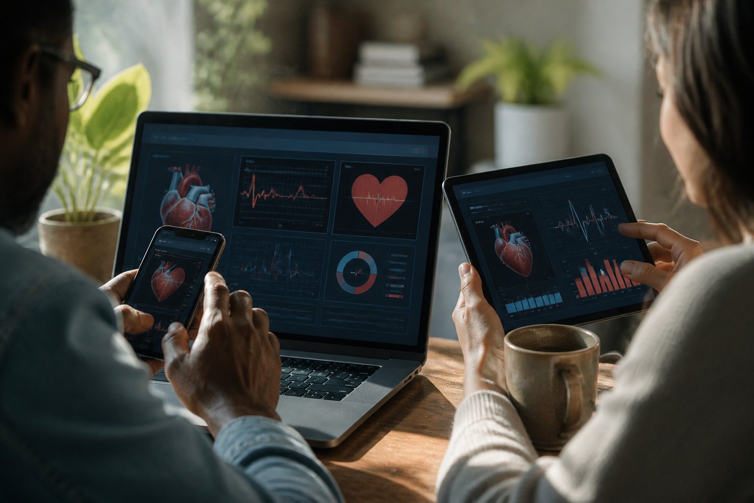 People using laptops, tablets, and smartphones at home to check cardiovascular health risk tools online.