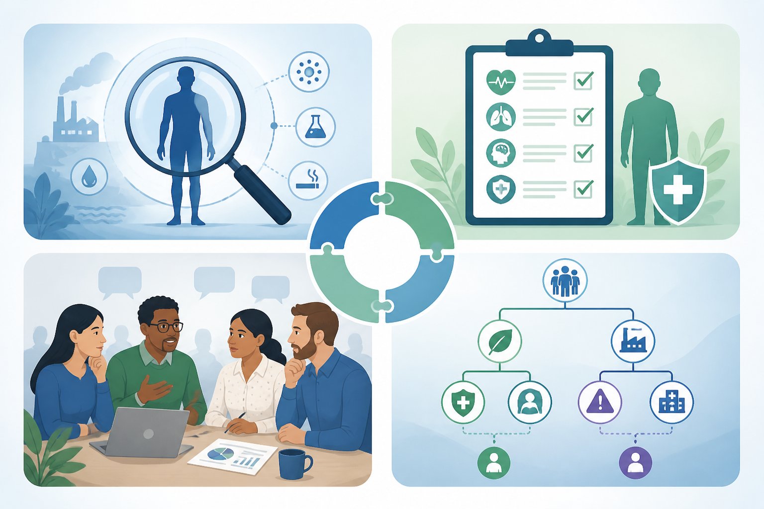 An illustration showing four interconnected panels representing different types of health risk assessments with symbols like a magnifying glass on a person, a checklist, a group of people, and a decision tree.