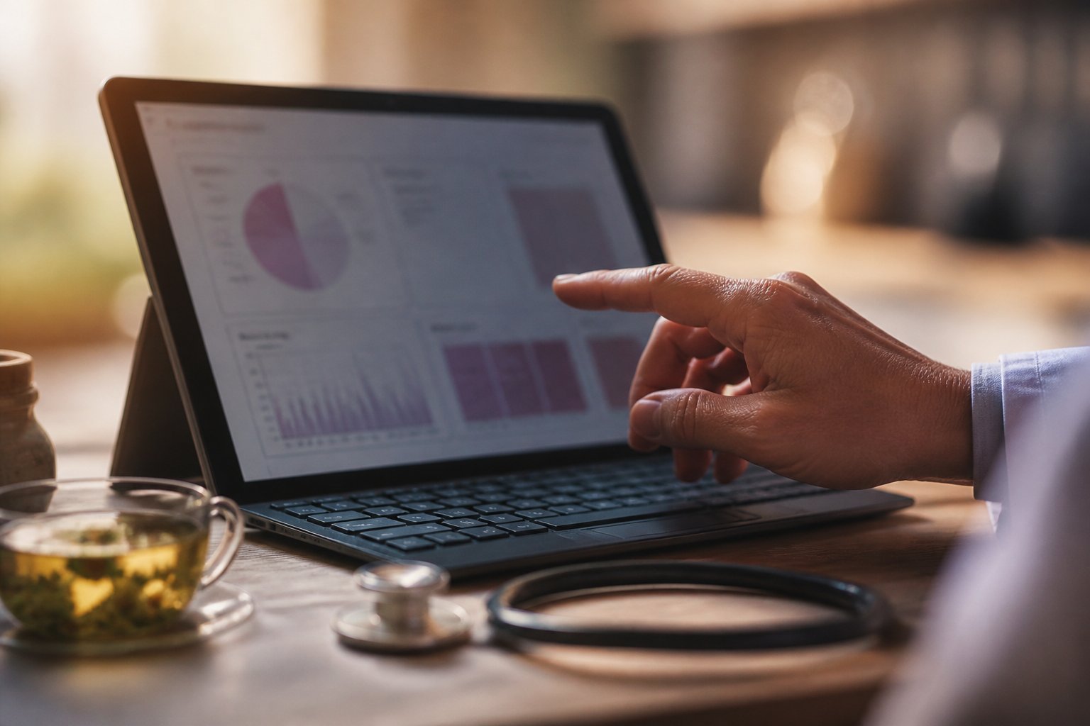 A close-up of a hand interacting with a tablet displaying a breast cancer risk assessment interface in a softly lit room.