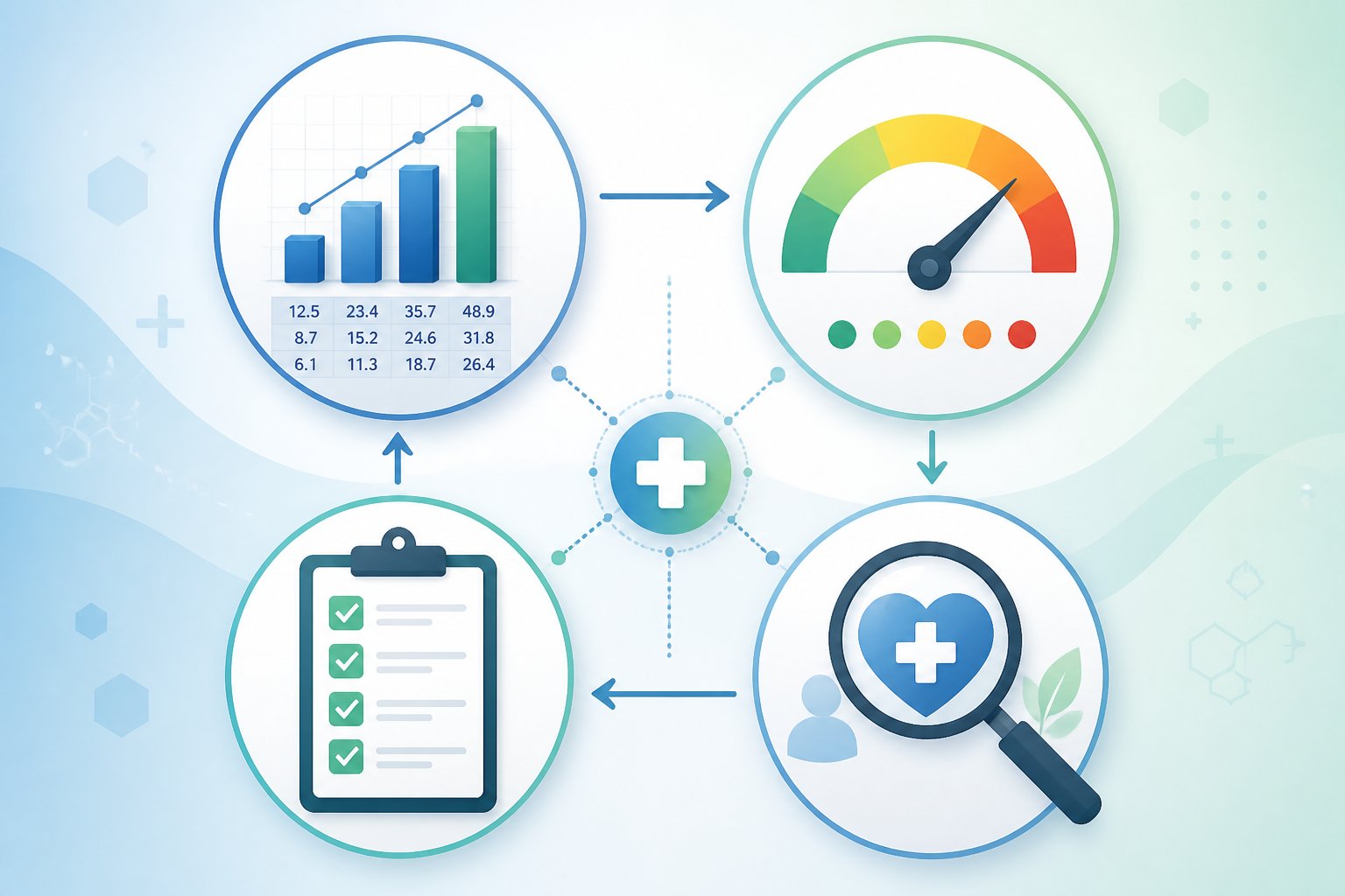Four interconnected icons representing different types of health risk assessments, including a bar chart, a risk gauge, a checklist, and a magnifying glass focusing on a health symbol.