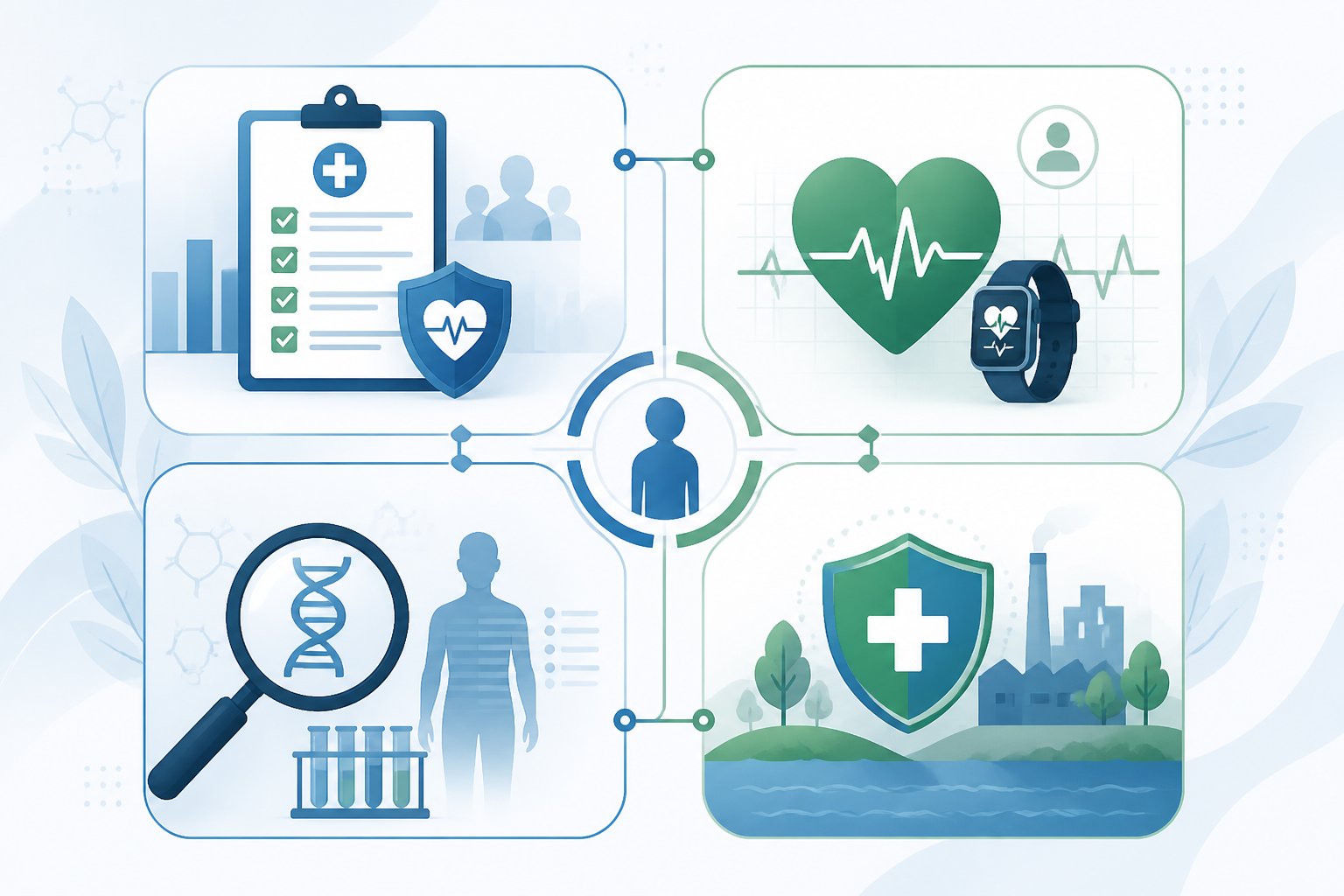 An illustration showing four interconnected panels, each symbolizing a different type of health risk assessment with icons like a checklist, heart monitor, DNA strand, and protective shield.