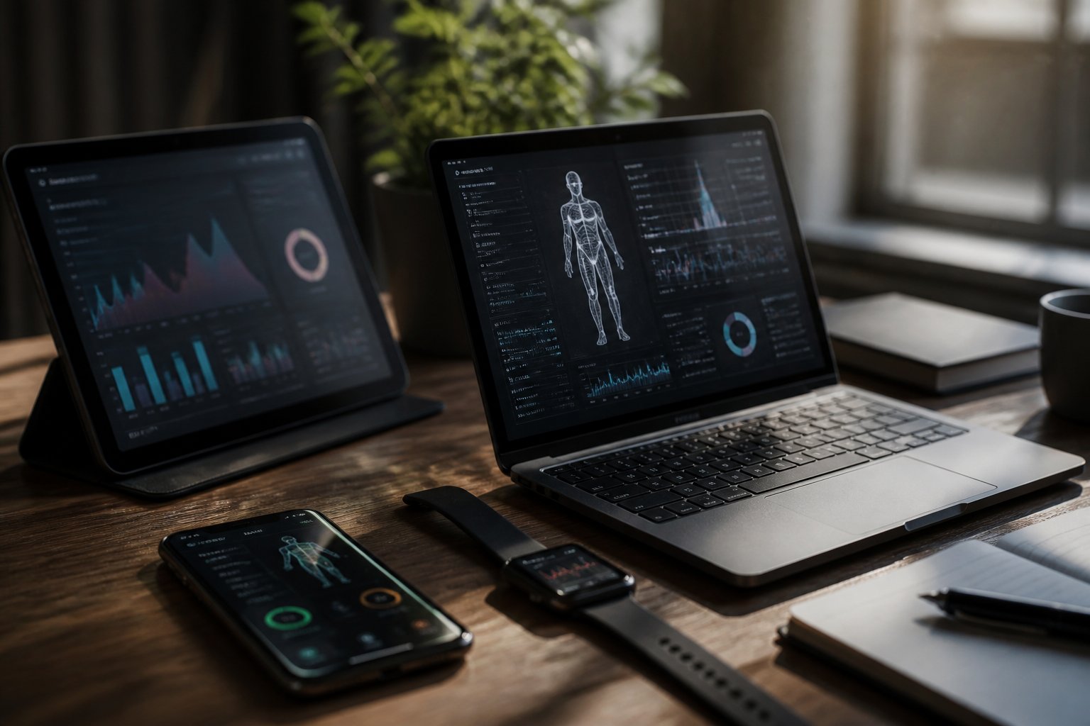 A modern workspace with a laptop, tablet, and smartphone displaying health data and monitoring apps on a desk near a window with natural light.