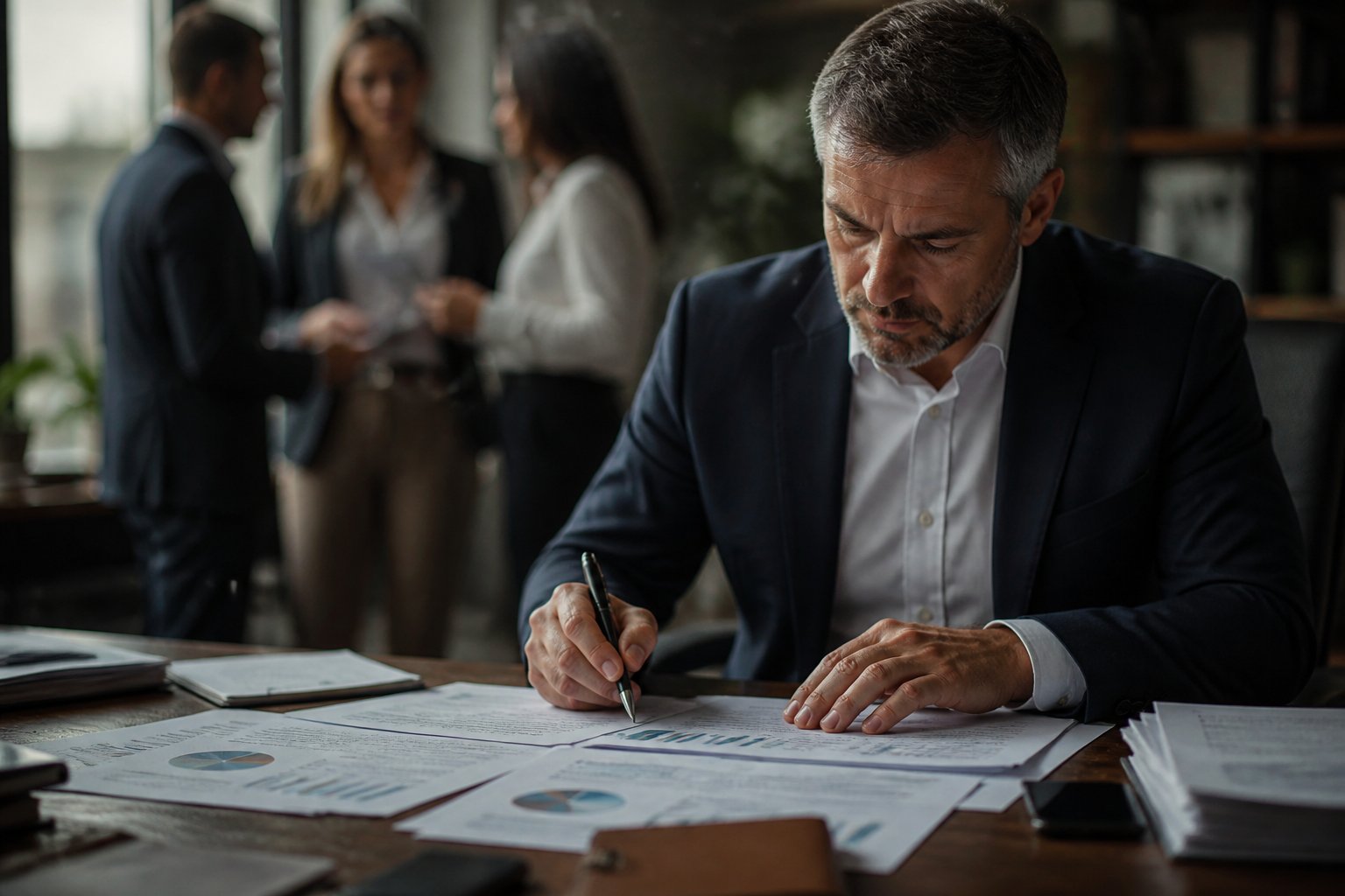 A professional reviewing documents at a desk with colleagues discussing in the background in an office setting.