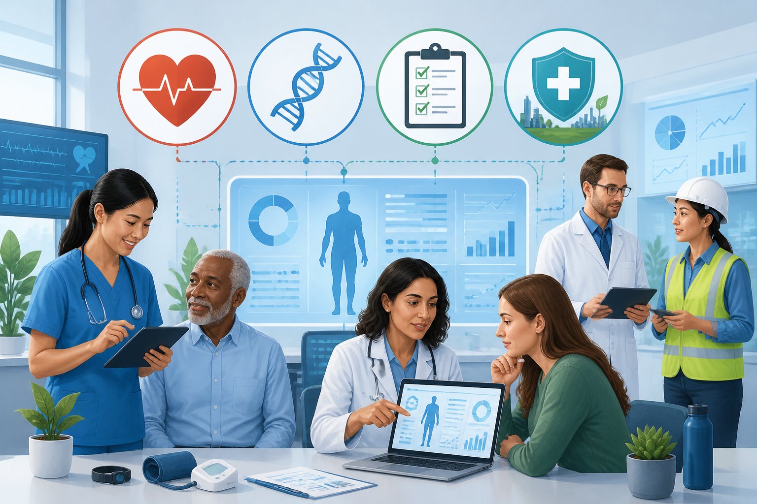Healthcare professionals and patients interacting with various health assessment tools representing four types of health risk assessments in a clinical setting.