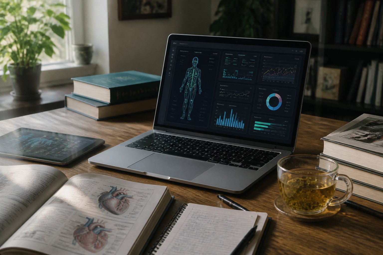 A close-up of a laptop on a wooden desk displaying health data, surrounded by medical books and a cup of tea in a softly lit room.