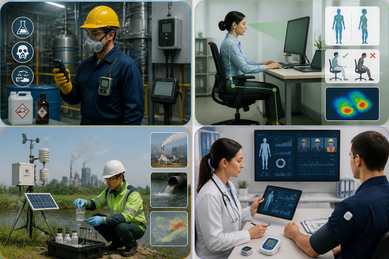 Four scenes showing different health risk assessments: a factory worker with protective gear and chemical monitoring, an office worker with ergonomic tools, an outdoor technician measuring pollution, and a healthcare professional reviewing worker health data.