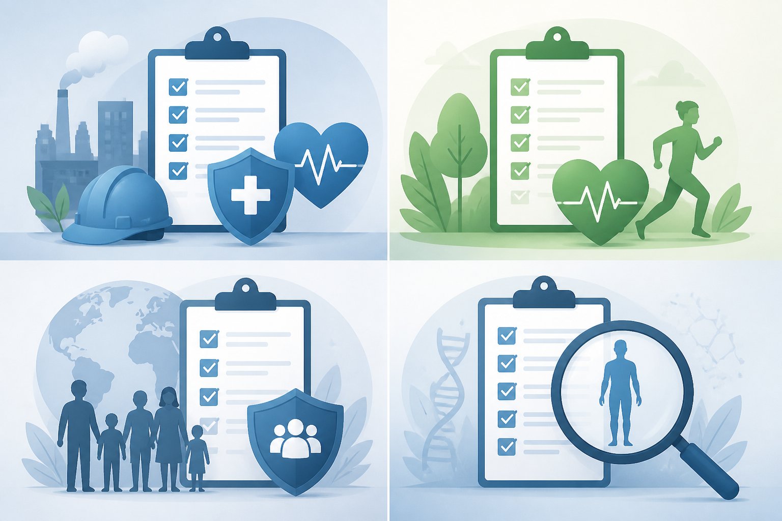 An illustration showing four sections with icons representing different health risk assessments, including a checklist, heart with pulse, protective shield, and magnifying glass examining a person.