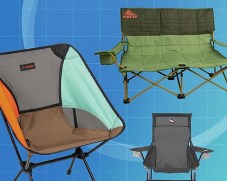 Three camping chairs displayed against a blue grid background: a compact tan chair, a wide green loveseat, and a grey folding chair.