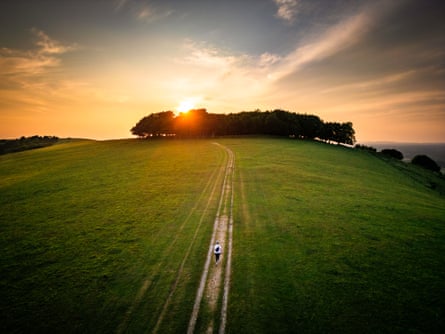 Aerial drone shot of a walker at sunset approaching the circle of trees known as Chanctonbury Ring on the South Downs in West Sussex.